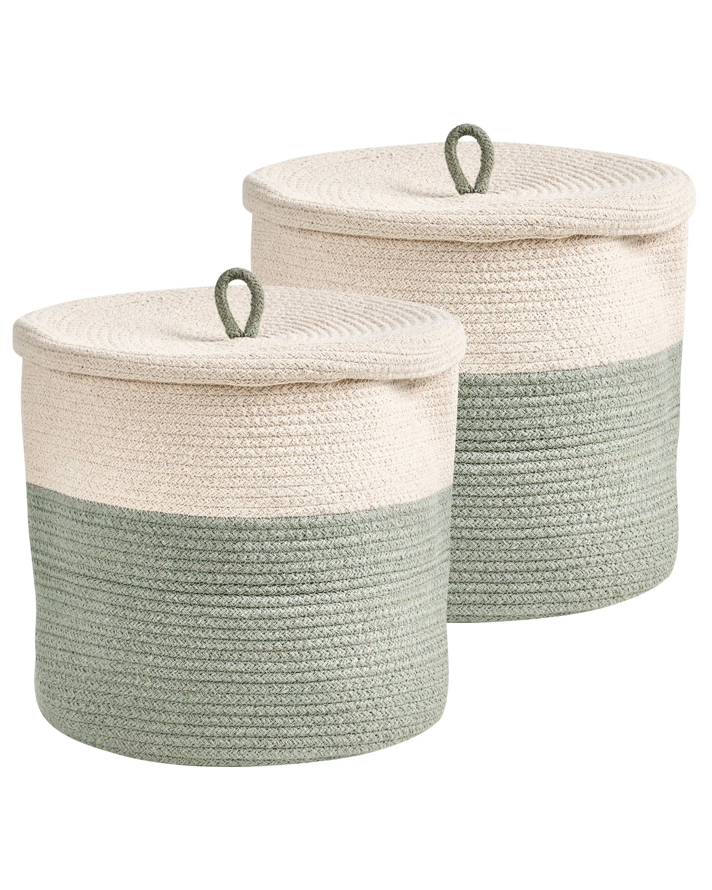 Cotton Laundry Bins Set of 2 Green and Light Beige with Lid