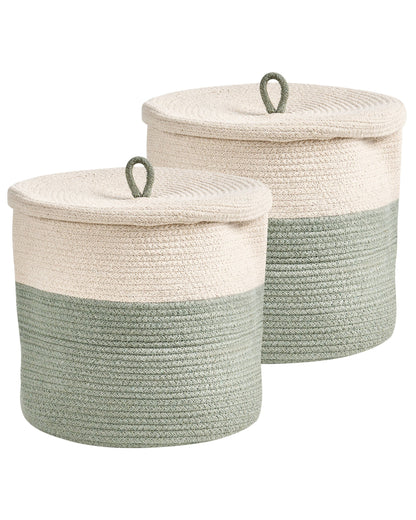 Cotton Laundry Bins Set of 2 Green and Light Beige with Lid