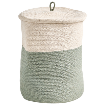 Cotton Laundry Bins Set of 2 Green and Light Beige with Lid