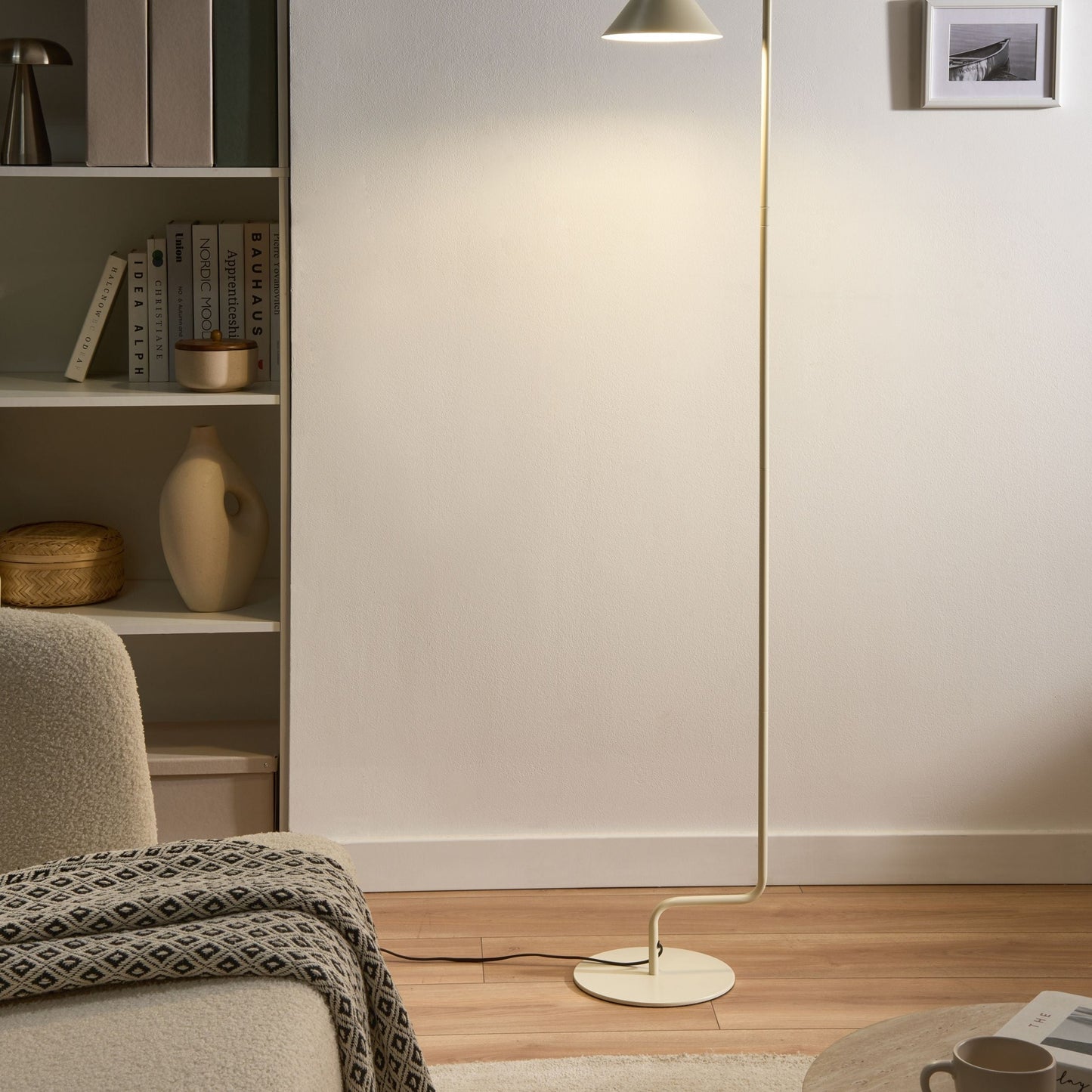 154cm Off White Metal Floor Lamp With Adjustable Cone Shade And On Off Switch