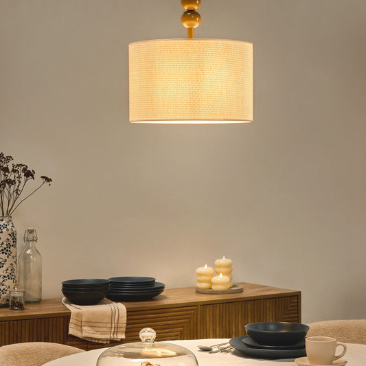 Pendant Lamp Beige Iron Drum Shade Mid-Century Modern