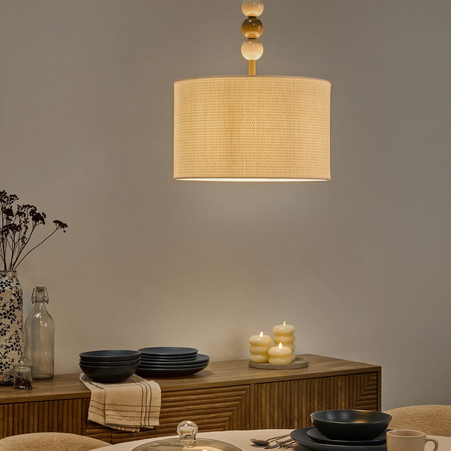 Pendant Lamp White Beige Iron Fabric Drum Shade Mid Century