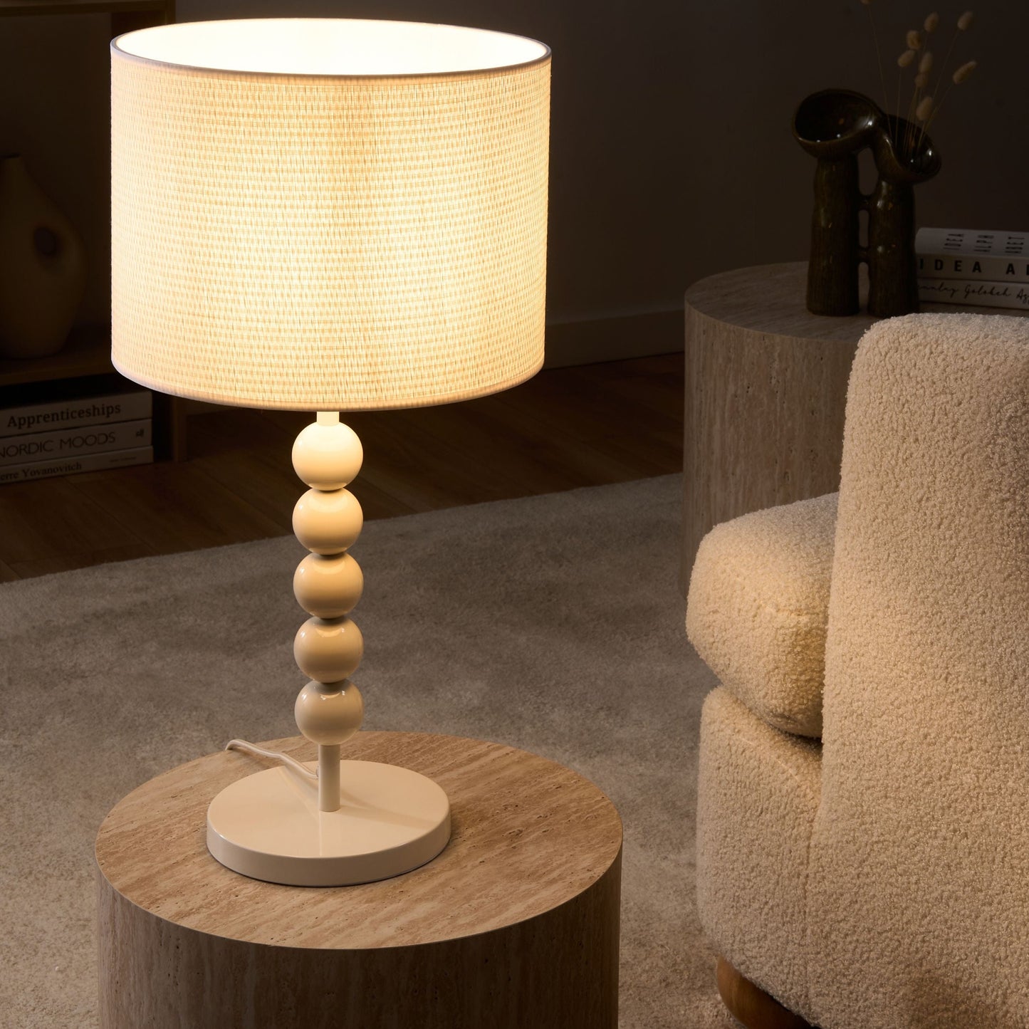 Table Lamp White Iron Base With Fabric Drum Shade Stacked Spheres Metallic Mid Century Modern