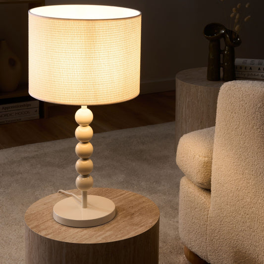 Table Lamp White Iron Base With Fabric Drum Shade Stacked Spheres Metallic Mid Century Modern