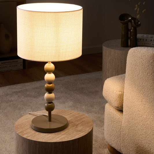Table Lamp White Beige Iron Drum Shade Mid Century Modern