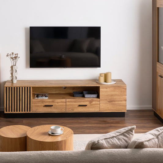 NovaHome TV Stand Brown MDF With 2 Drawers And 2 Doors Open Shelf Melamine Finish Modern Living Room