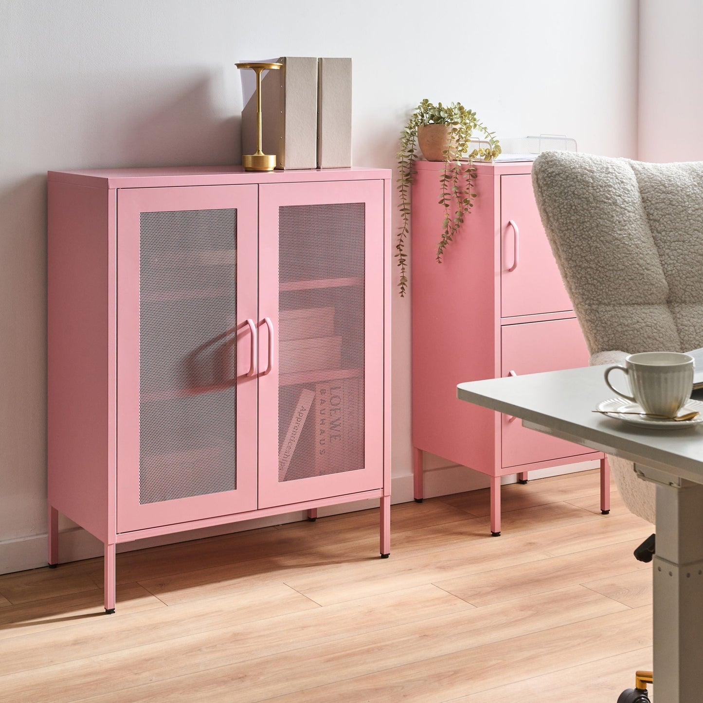 Office Cabinet Pink Two Doors Three Shelves Perforated Industrial Sideboard for Living Room and Home Office