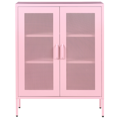 Office Cabinet Pink Two Doors Three Shelves Perforated Industrial Sideboard for Living Room and Home Office