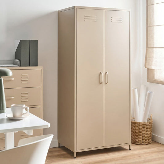 Light Beige Steel Storage Cabinet 2 Doors 4 Shelves Industrial Design