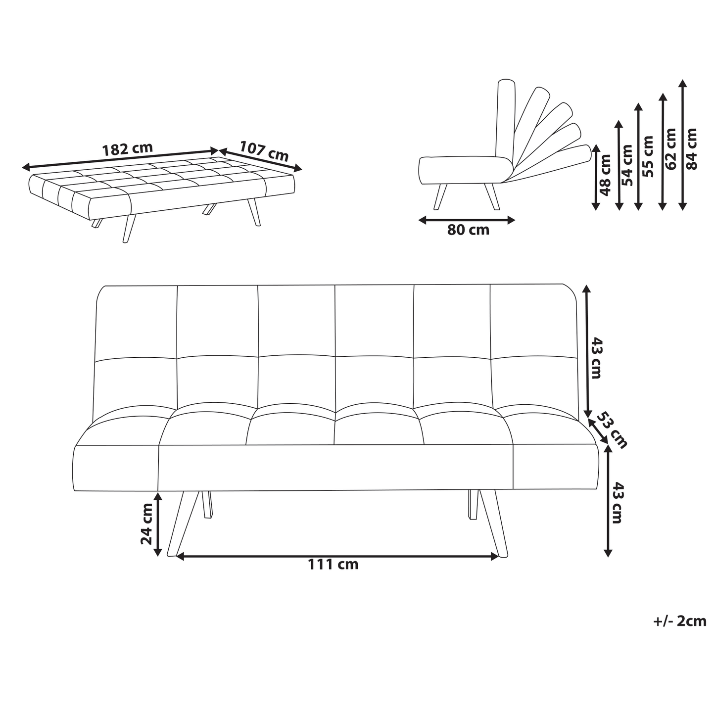 Sofa Bed Light Green Fabric Upholstered 2 Seater With 3 Position Backrest Recline