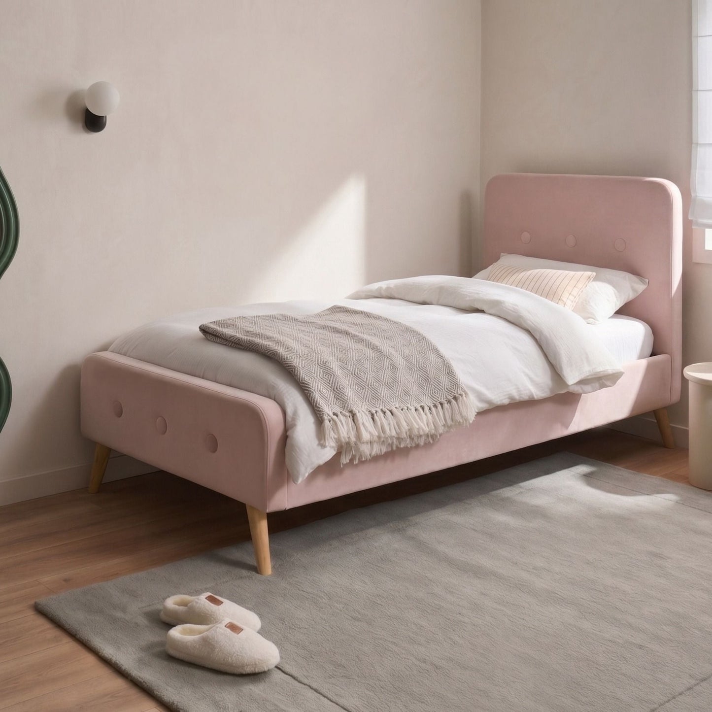 Slatted Bed Frame Pastel Pink Velvet 3ft Single EU Modern