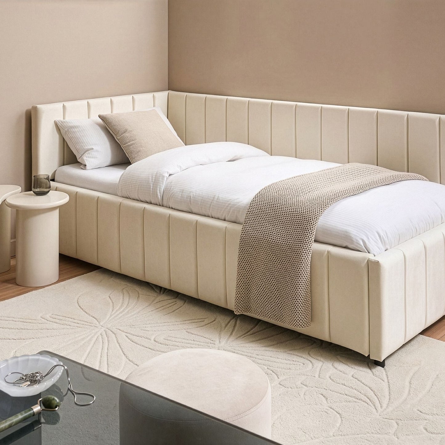 3Ft Bed Off White Velvet Quilted Slatted Wood Legs