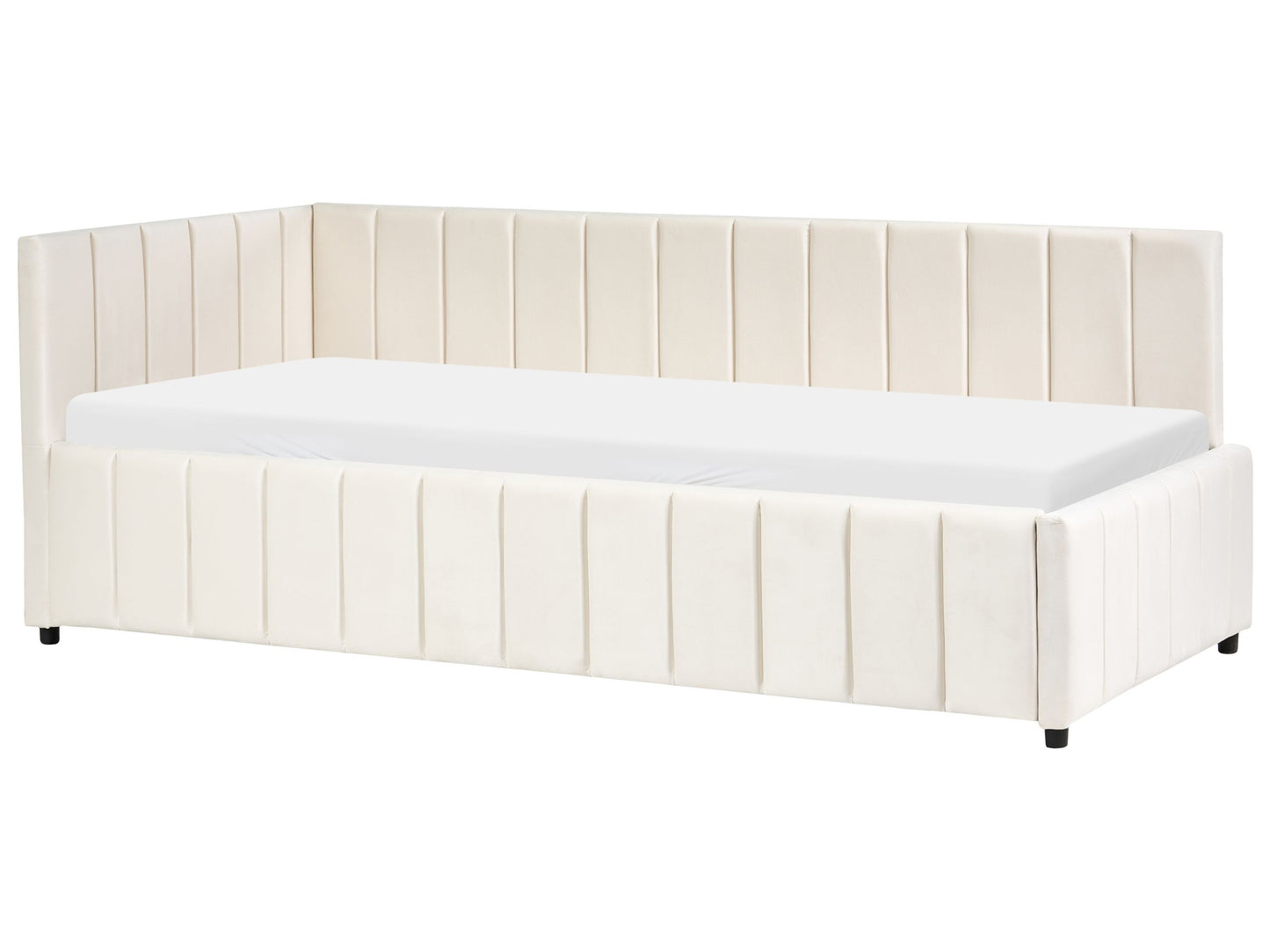 3Ft Bed Off White Velvet Quilted Slatted Wood Legs