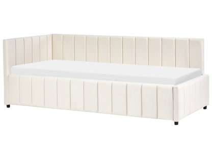 3Ft Bed Off White Velvet Quilted Slatted Wood Legs