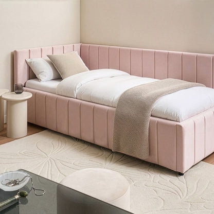 EU Single Bed Pastel Pink Velvet Quilted Slats Wooden Legs
