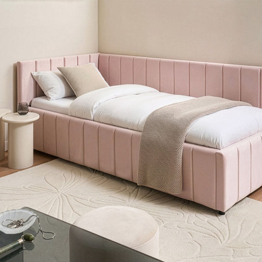 EU Single Bed Pastel Pink Velvet Quilted Slats Wooden Legs