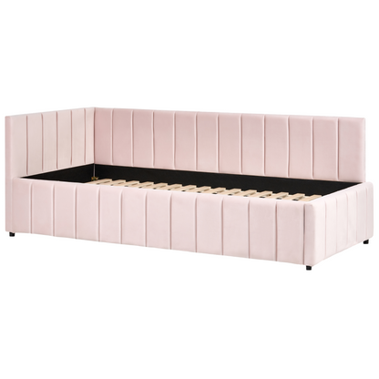 EU Single Bed Pastel Pink Velvet Quilted Slats Wooden Legs