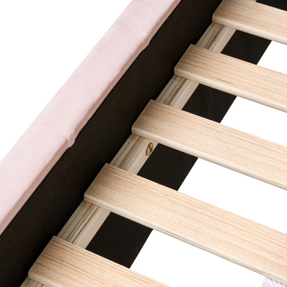 EU Single Bed Pastel Pink Velvet Quilted Slats Wooden Legs