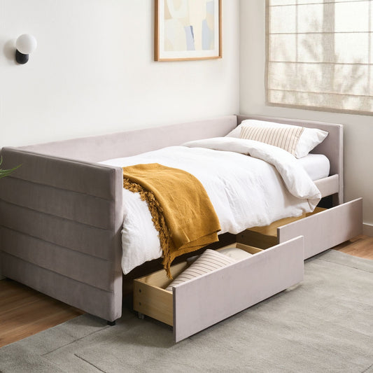 Daybed Light Grey 90 x 200cm With Slatted Frame and Drawers
