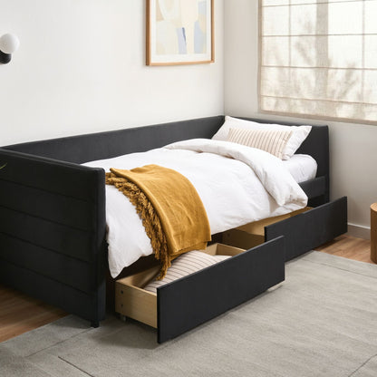 Black Velvet Daybed 90 x 200cm EU Single With Frame Drawers