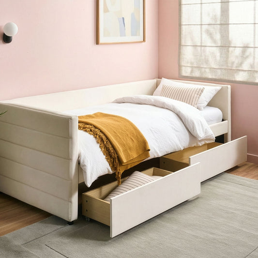 Daybed Off White Velvet EU Single 90 x 200cm Slatted Frame With Drawers