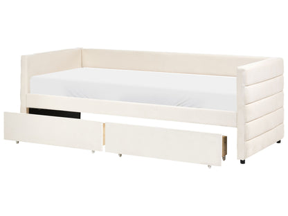 Daybed Off White Velvet EU Single 90 x 200cm Slatted Frame With Drawers