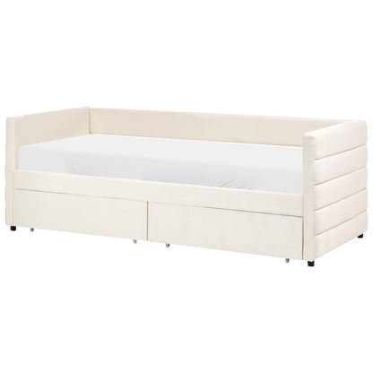 Daybed Off White Velvet EU Single 90 x 200cm Slatted Frame With Drawers