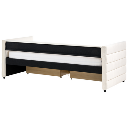 Daybed Off White Velvet EU Single 90 x 200cm Slatted Frame With Drawers