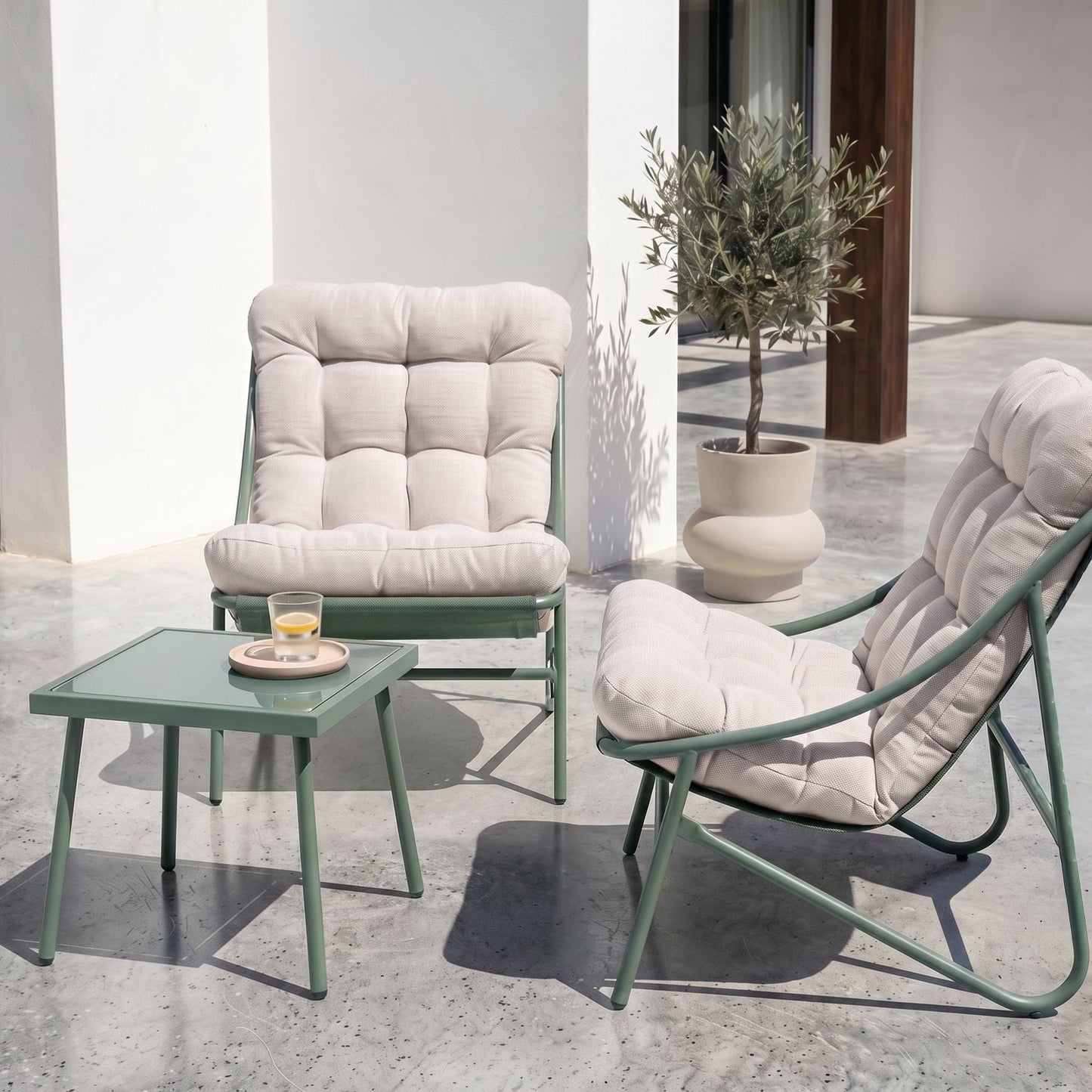 Elite Outdoor Green Beige Lounge Set Steel Frame 2 Seater