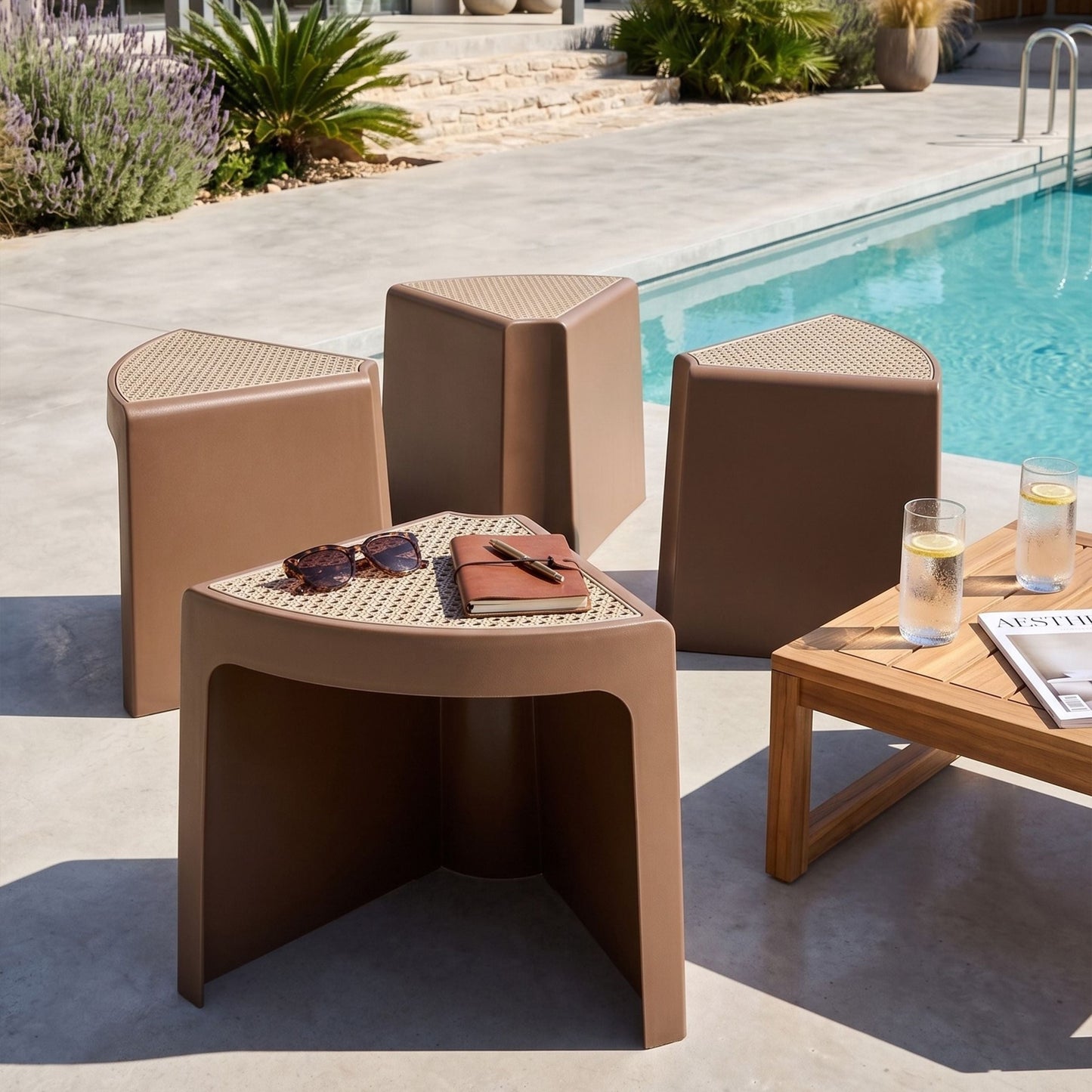 Set of 4 Brown Synthetic Garden Stools Stacking Footstools