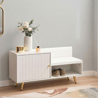 Shoe Storage Bench White With 2 Compartments And Metal Legs