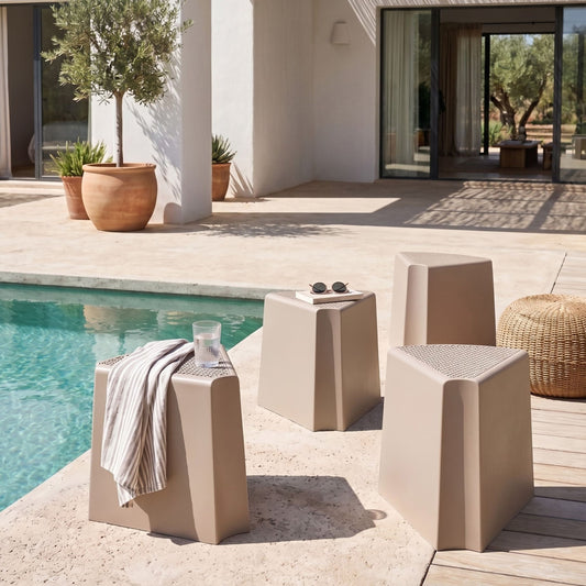 Set Of 4 Beige Garden Stools Stacking Patio Seats