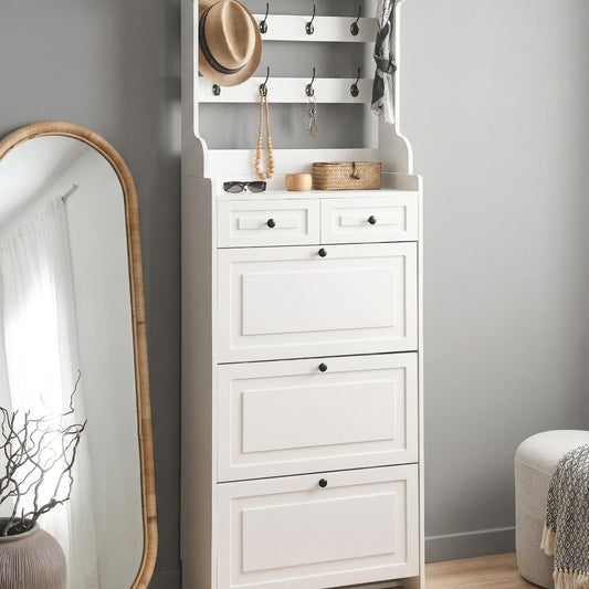 Tall White Shoe Storage Cabinet 12 Pairs Drawers Hooks