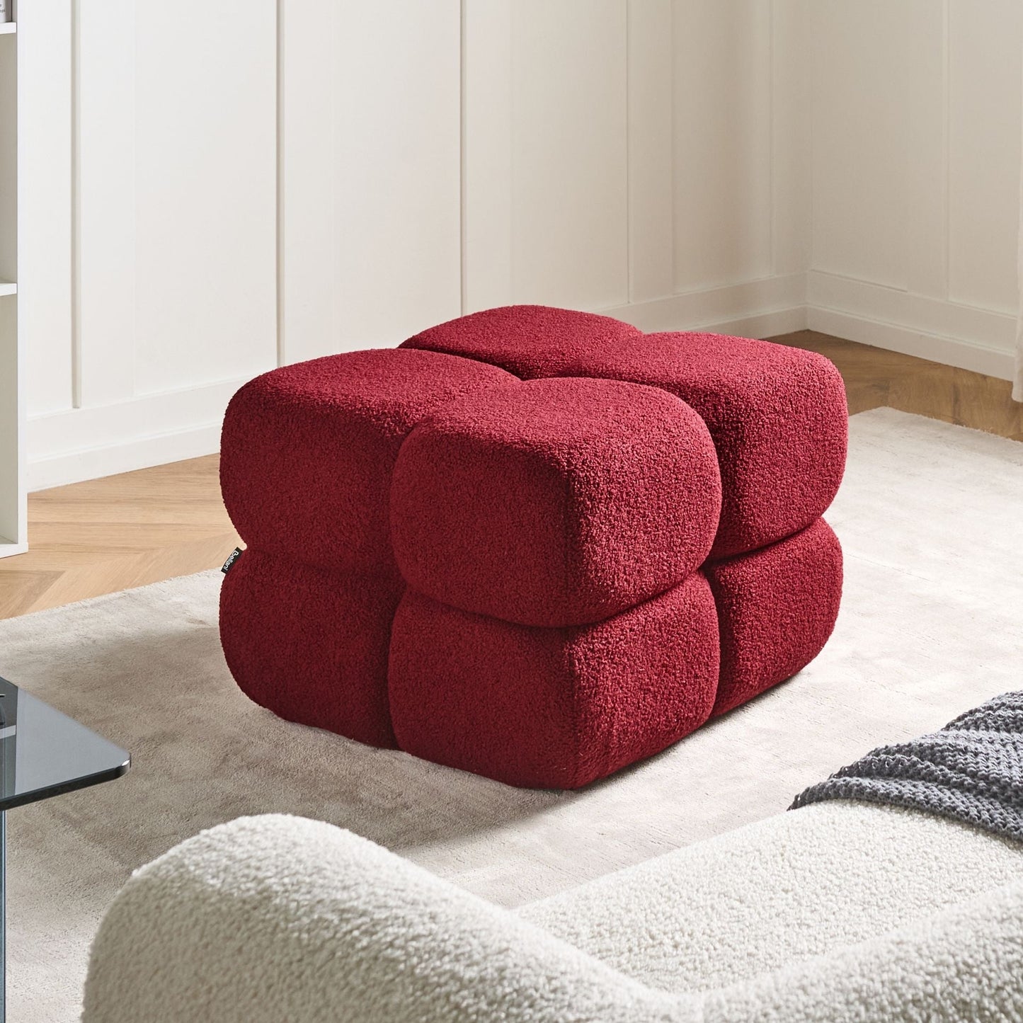 Dark Red Boucle Pouffe 60 x 60cm Square Footstool