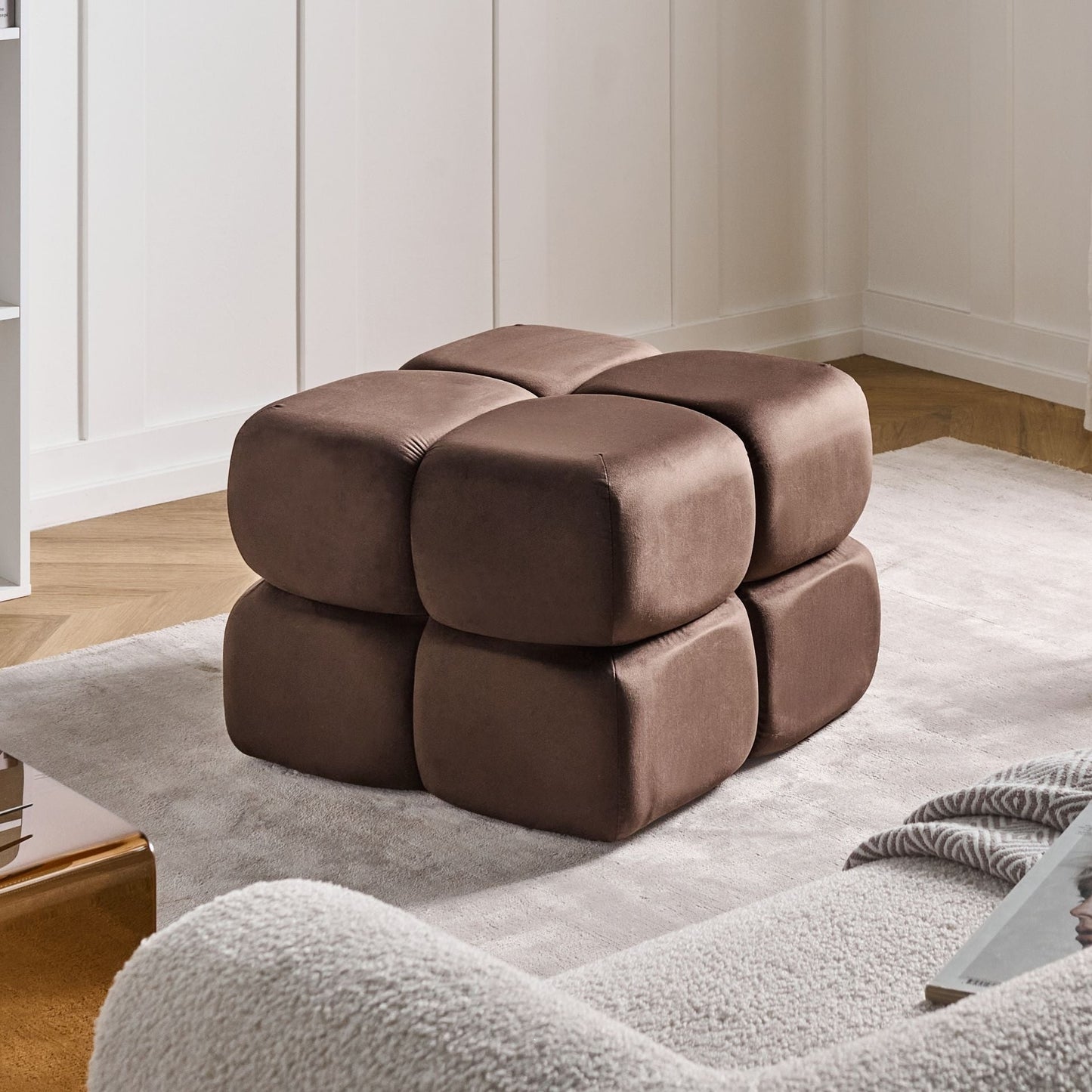 Horizon Velvet Dark Brown Pouffe 60 x 60cm Soft Touch Upholstered Square Footstool For Modern Living Room
