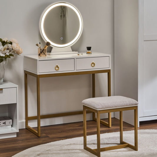 GlamAura Dressing Table White Gold MDF With LED Mirror 4 Drawers