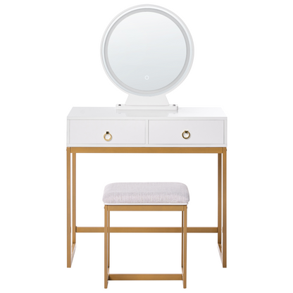 GlamAura Dressing Table White Gold MDF With LED Mirror 4 Drawers