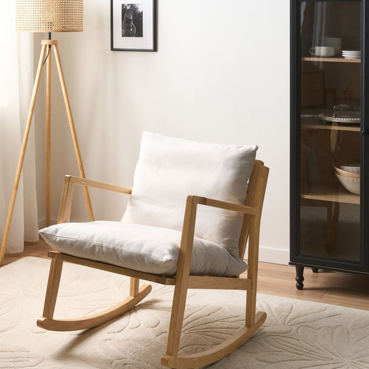 Rocking Armchair Light Beige Fabric With Rubberwood Frame