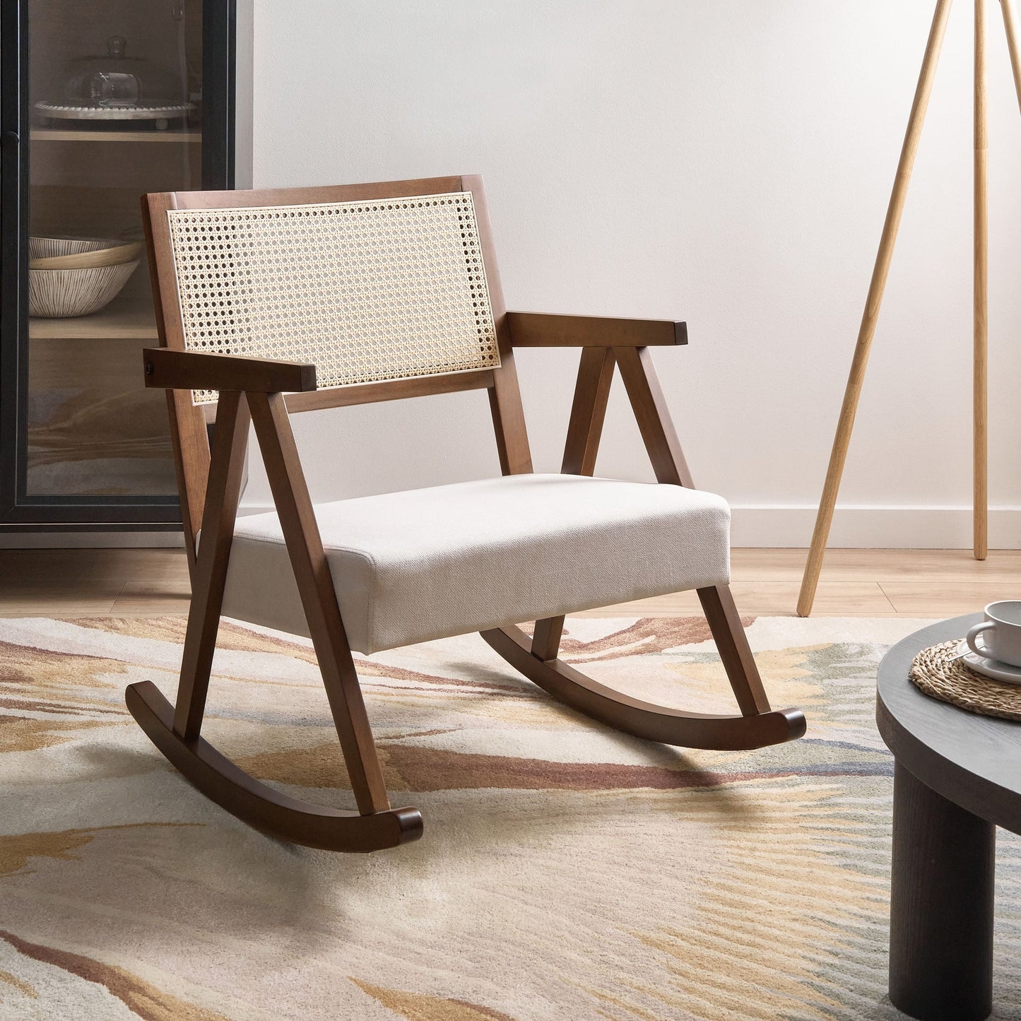 Vienna Backrest Rocking Armchair Brown Beige Fabric