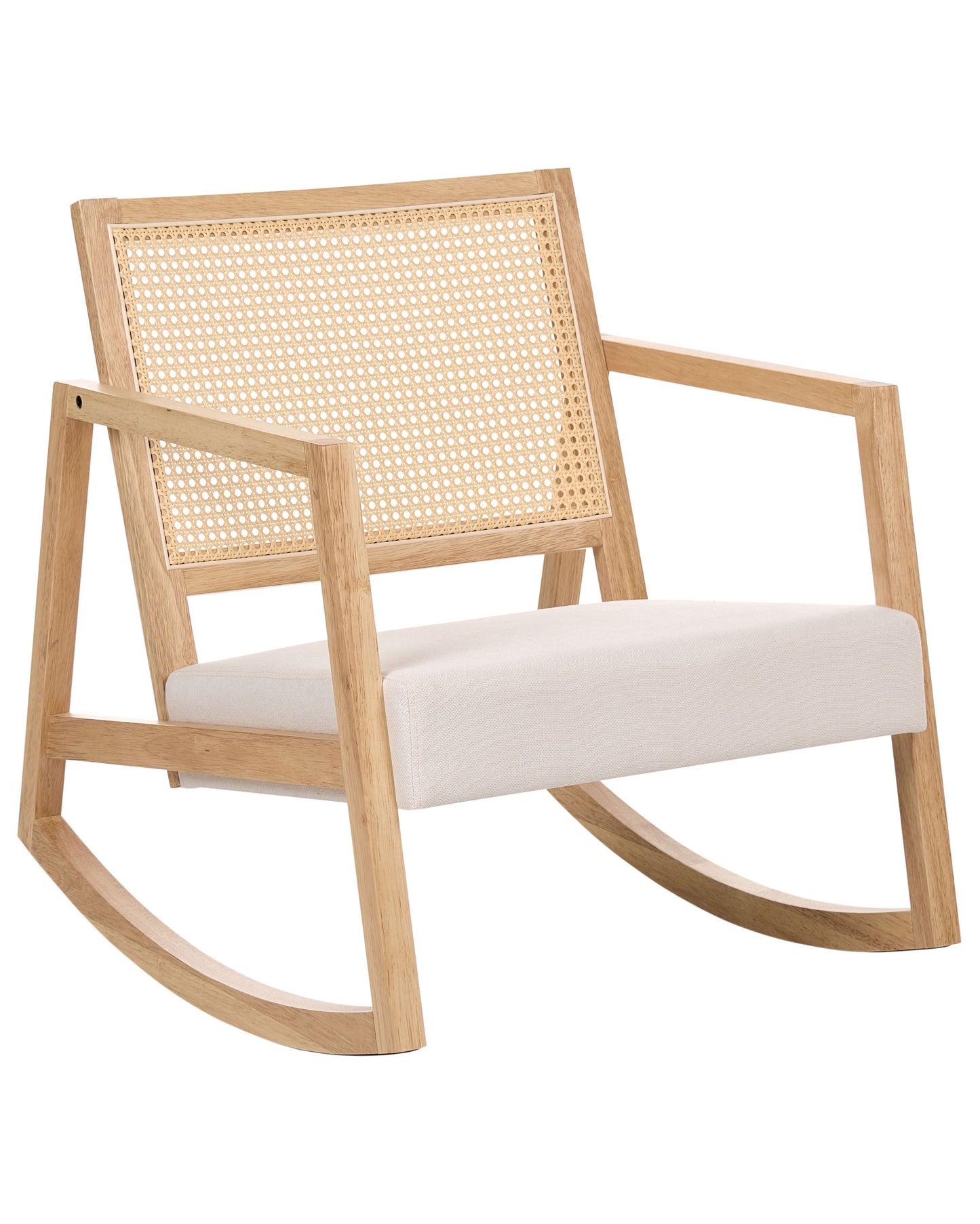 Rocking Armchair With Braided Backrest Light Beige Fabric Rubberwood Frame