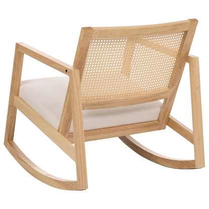 Rocking Armchair With Braided Backrest Light Beige Fabric Rubberwood Frame