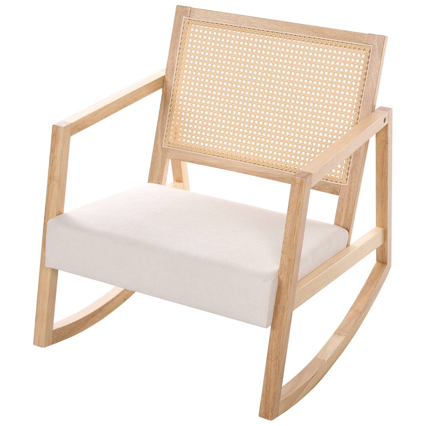Rocking Armchair With Braided Backrest Light Beige Fabric Rubberwood Frame