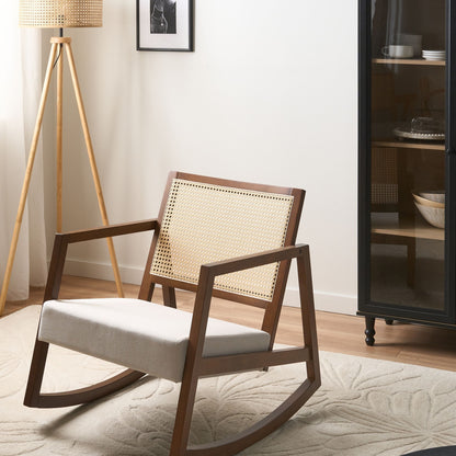 Rocking Armchair Brown Beige Fabric With Braid Backrest