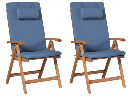 2 Folding Garden Chairs With Blue Cushions Rustic Style
