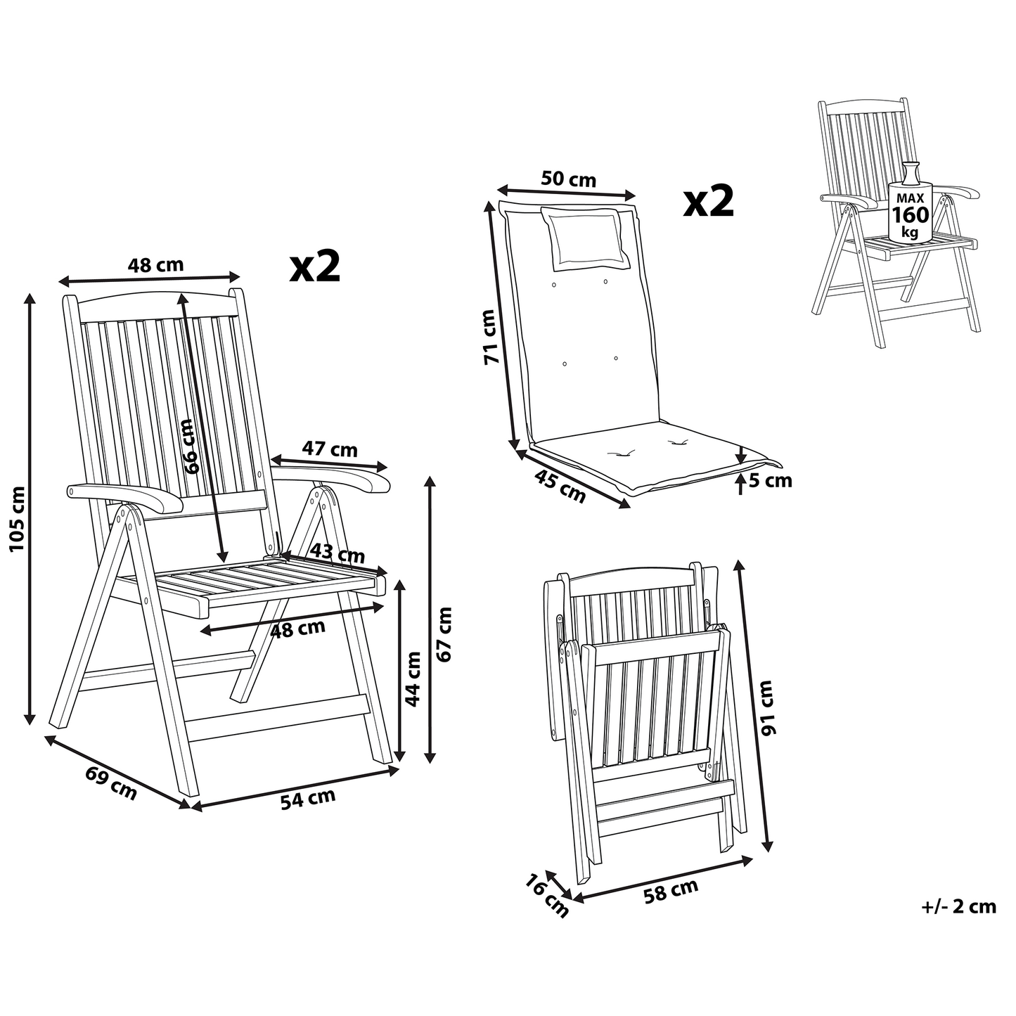 2 Folding Garden Chairs With Blue Cushions Rustic Style