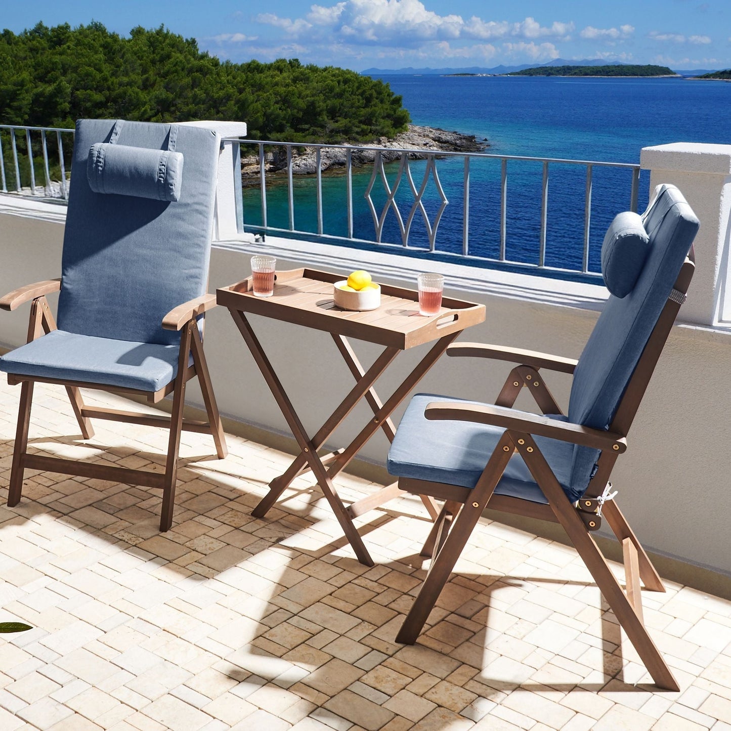 Garden Oasis Acacia Bistro Set With Blue Cushions Folding 2 Chairs