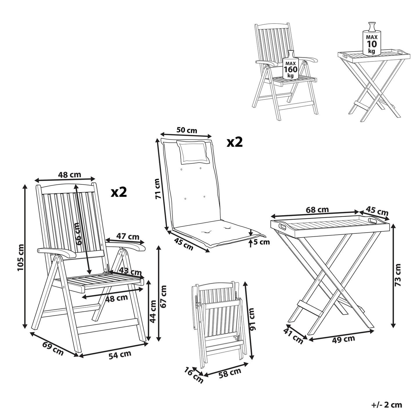 Garden Oasis Acacia Bistro Set With Blue Cushions Folding 2 Chairs
