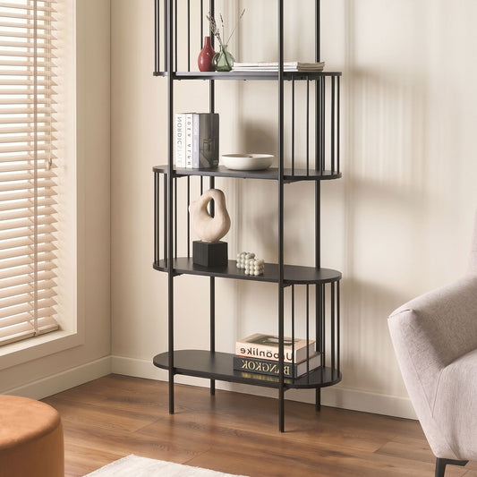 NovaCasa 4-Tier Black Bookcase 172x80 cm Oval Melamine Retro