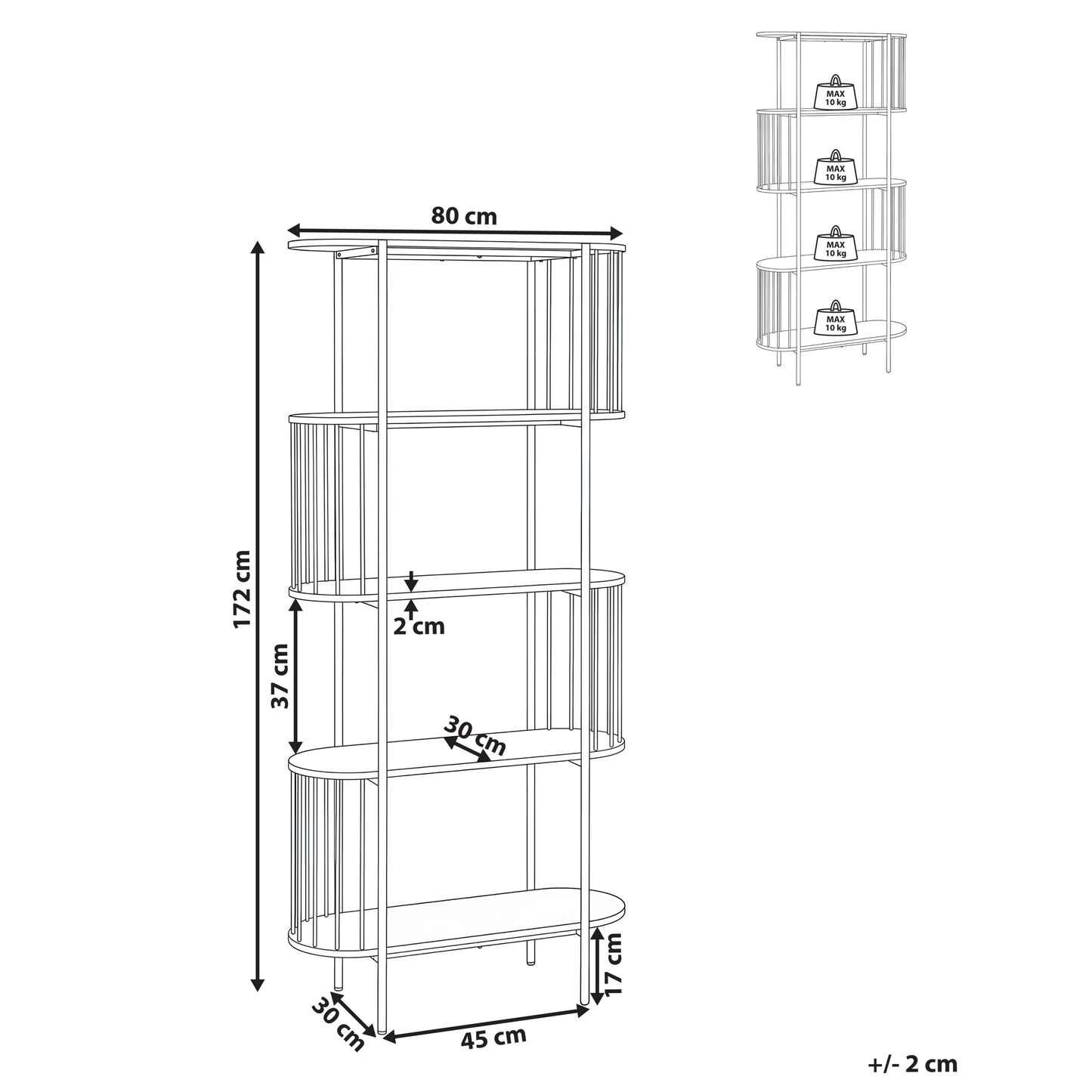 NovaCasa 4-Tier Black Bookcase 172x80 cm Oval Melamine Retro