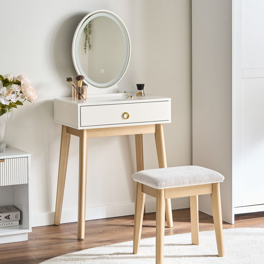 GlamourNest Dressing Table White Gold With LED Mirror 3 Drawers